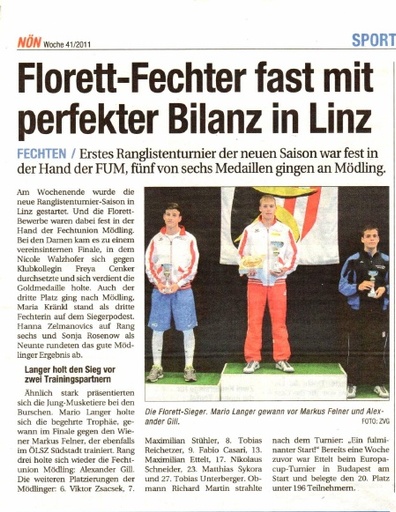 Florett-Fechter fast mit perfekter Bilanz in Linz - NÖN KW 41 2011