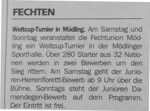 Welt Cup in Mödling -  Ankündigung 05  06 02 2005